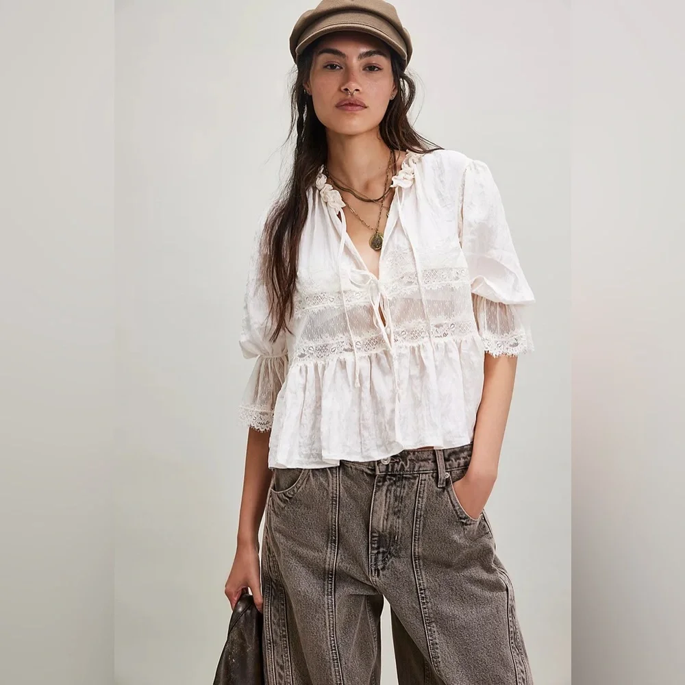 NWT FREE PEOPLE Forever Young Bed Jacket White INTIMATELY TOP LACE IVORY SIZE - Picture 2 of 10